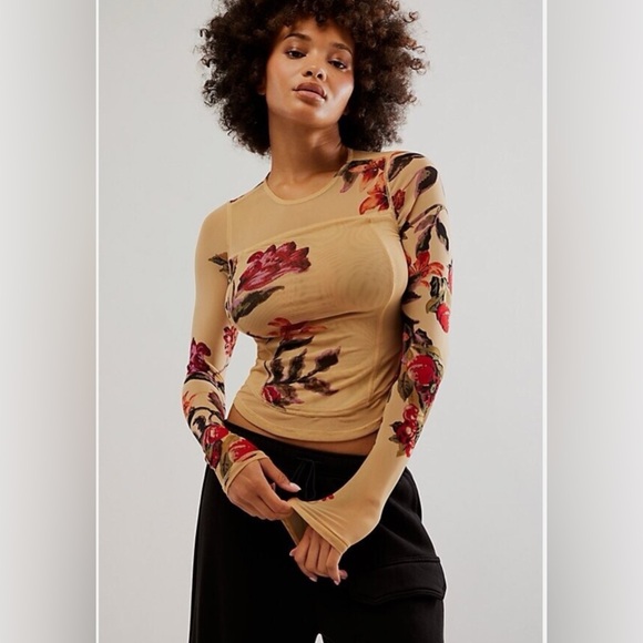 Free People Betty’s Garden Mesh Top Sepia Combo M - Picture 1 of 7